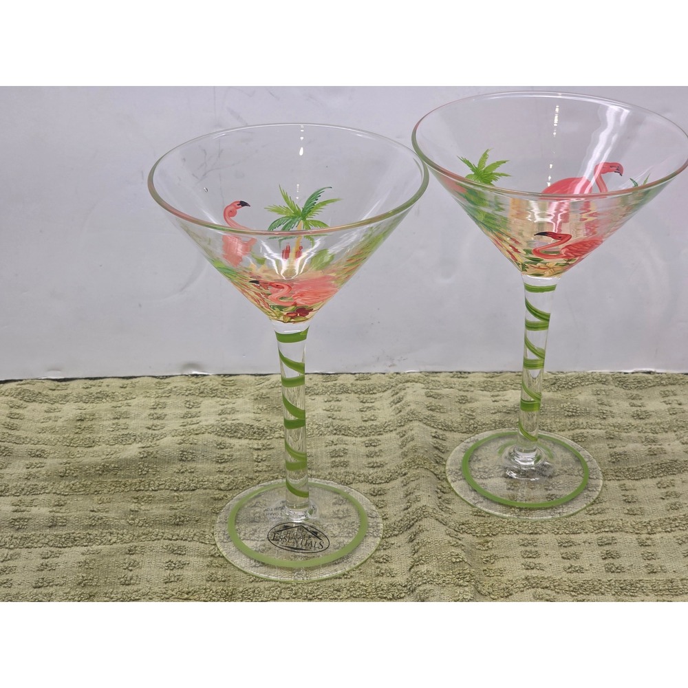 Home Essentials Flamingo Martini Glasses Set 2 Tropical Palm‎ Tree Hand Painted